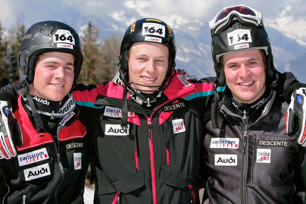 Einst warben auch Schweizer Skistars mit der Marke «Sport164», im Bild (v.l.n.r.) Marc Berthod, Marc Gini und Daniel Albrecht nach den Schweizer Slalom-Meisterschaften im Jahr 2005 in Veysonnaz. Foto: Keystone-SDA / Olivier Maire