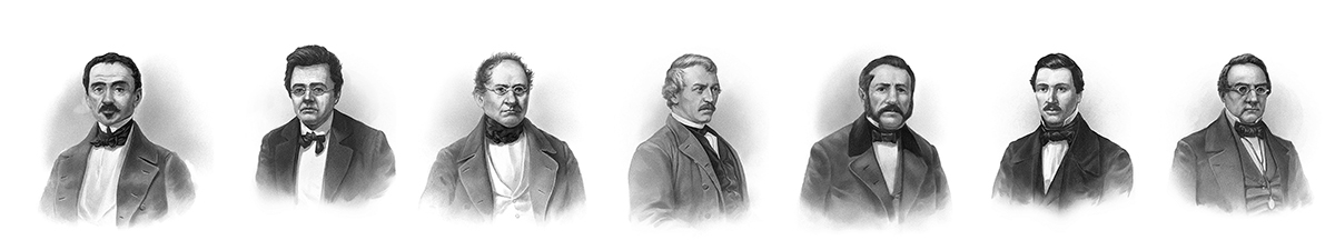 Membres de la Commission constitutionnelle fédérale (de gauche à droite) : Louis Rilliet-de Constant (GE), Caspar Jenny (GL), Raget Abys (GR), Jakob Robert Steiger (LU), Louis Wyrsch (NW), Alois Michel (NW), Wilhelm Mathias Naeff (SG). (Gravures de Markus Roost / Editions Echtzeit / KEYSTONE) Membres de la Commission constitutionnelle fédérale (de gauche à droite) : Louis Rilliet-de Constant (GE), Caspar Jenny (GL), Raget Abys (GR), Jakob Robert Steiger (LU), Louis Wyrsch (NW), Alois Michel (NW), Wilhelm Mathias Naeff (SG). (Gravures de Markus Roost / Editions Echtzeit / KEYSTONE)