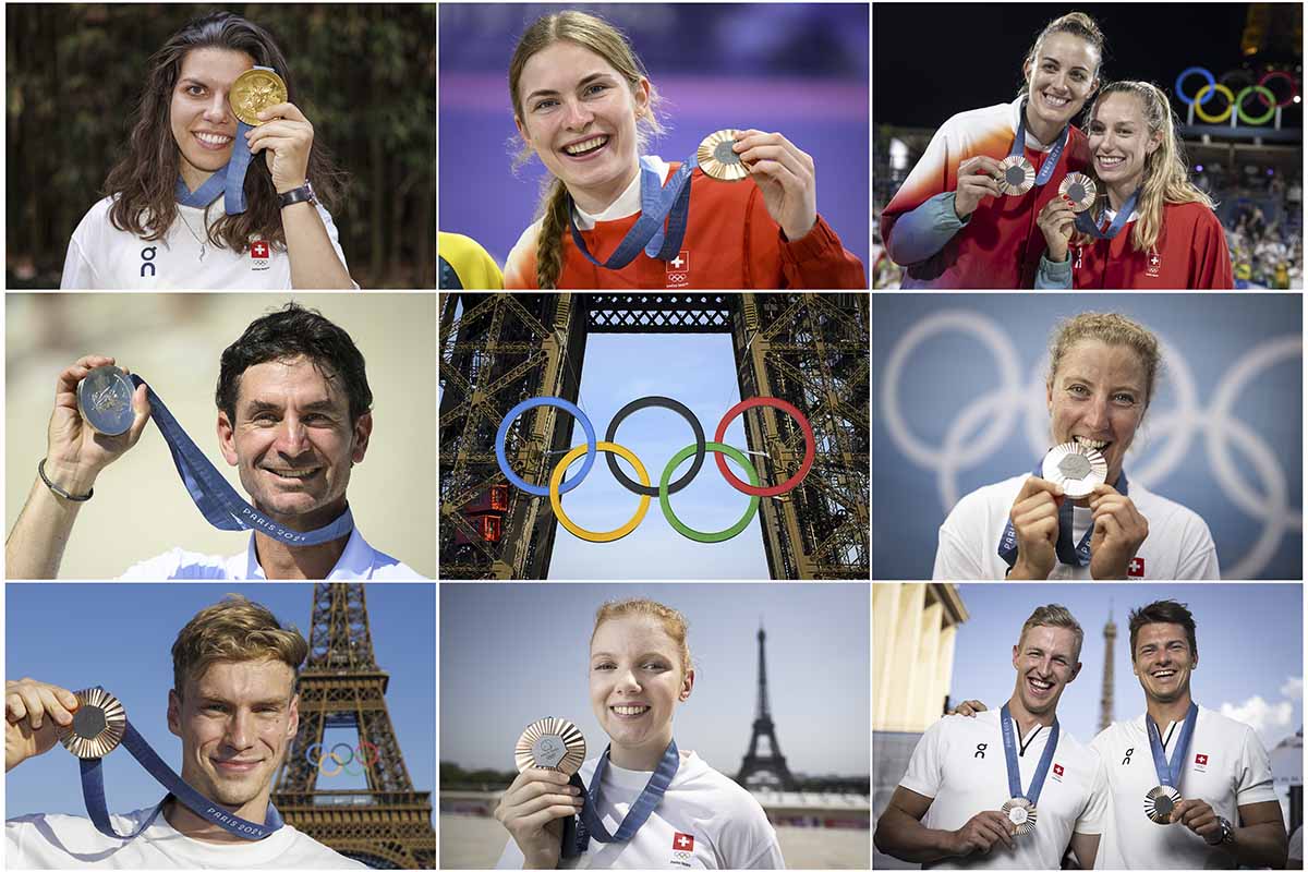 623990745 - Die acht Schweizer Medaillengewinnerinnen und Medaillengewinner der Olympischen Sommerspiele 2024 in Paris mit Chiara Leone (Gold im Schiessen), Zoe Claessens (Bronze im BMX), Tanja Hüberli und Nina Brunner (Bronze im Beachvolleyball), Steve Guerdat (Silber im Reiten), Julie Derron (Silber im Triathlon), Roman Mityukov (Bronze im Schwimmen), Audrey Gogniat (Bronze im Schiessen) sowie Roman Röösli und Andrin Gulich (Bronze im Rudern) von links nach rechts und von oben nach unten. Fotos: KEYSTONE/ Anthony Anex/ Patrick B.Krämer/ Laurent Gilliéron