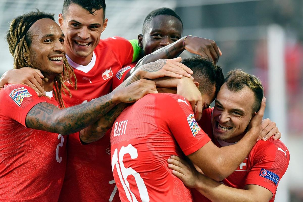 Kevin Mbabu, Granit Xhaka, Denis Zakaria, Albian Ajeti und Xherdan Shaqiri am 8. September 2018 in St.Gallen. Foto: Keystone-SDA / Walter Bieri Kevin Mbabu, Granit Xhaka, Denis Zakaria, Albian Ajeti und Xherdan Shaqiri am 8. September 2018 in St.Gallen. Foto: Keystone-SDA / Walter Bieri