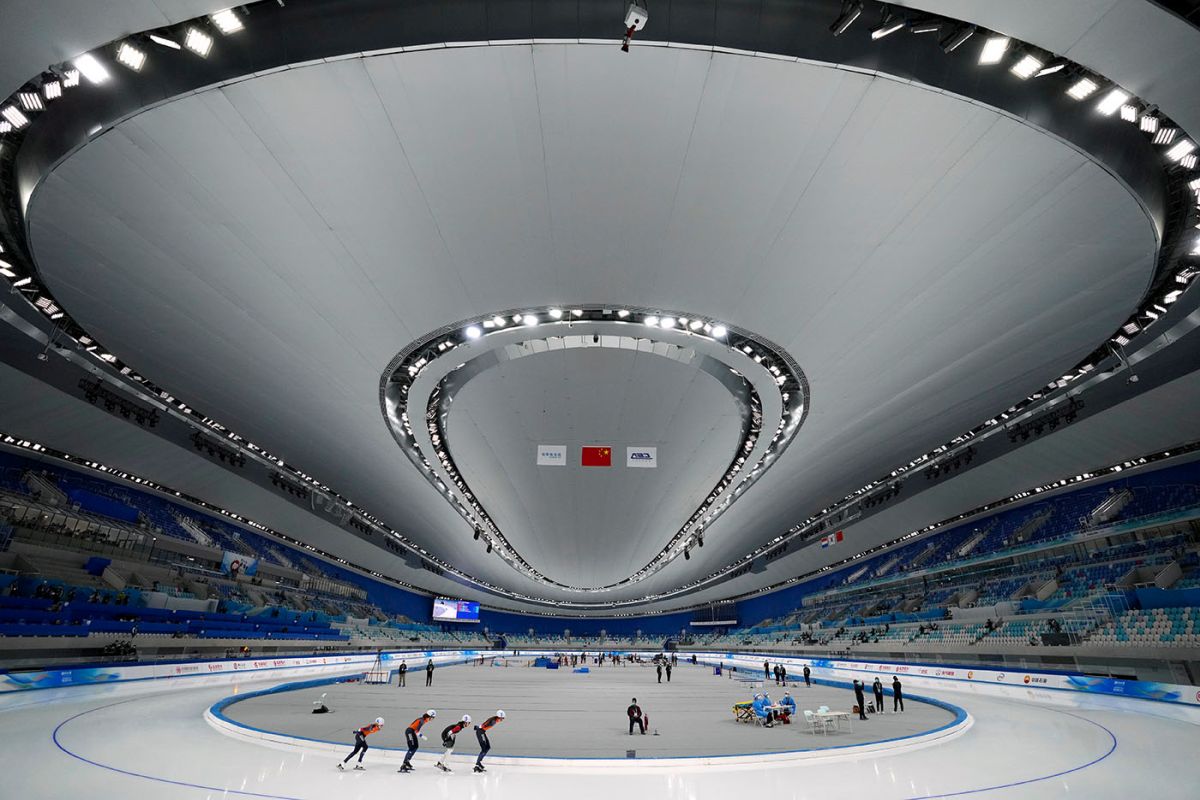 Manifestation test en octobre 2021 au National Speed Skating Oval à Pékin. Photo : KEYSTONE/ AP Photo/ Mark Schiefelbein